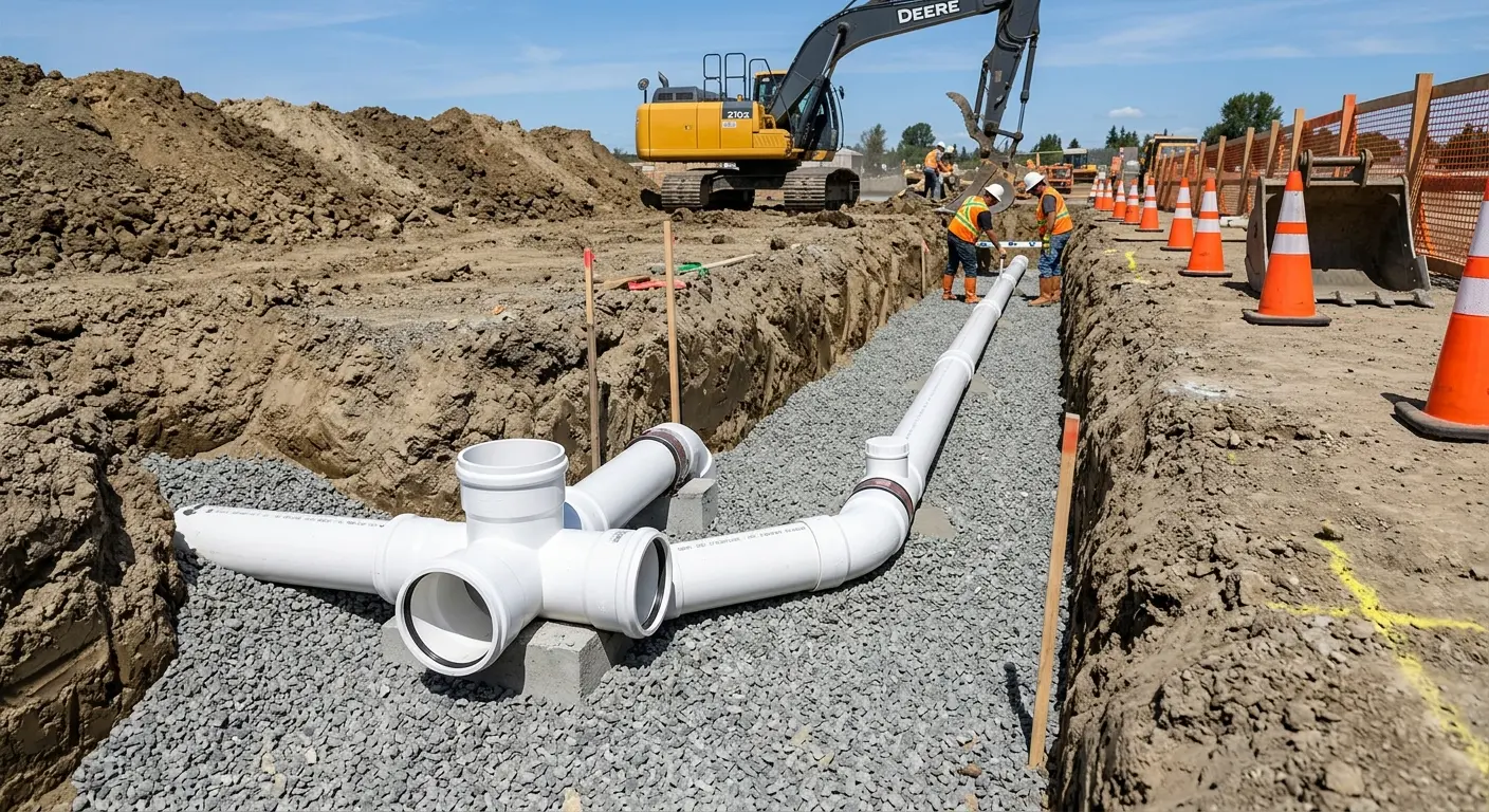 New PVC sewer pipe installation in open trench for Sewer Backup in Palatine