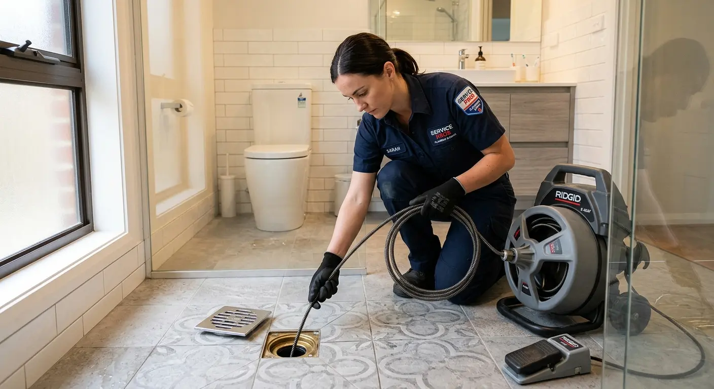 Technician clearing a bathroom floor drain for Hydro Jetting in Palatine